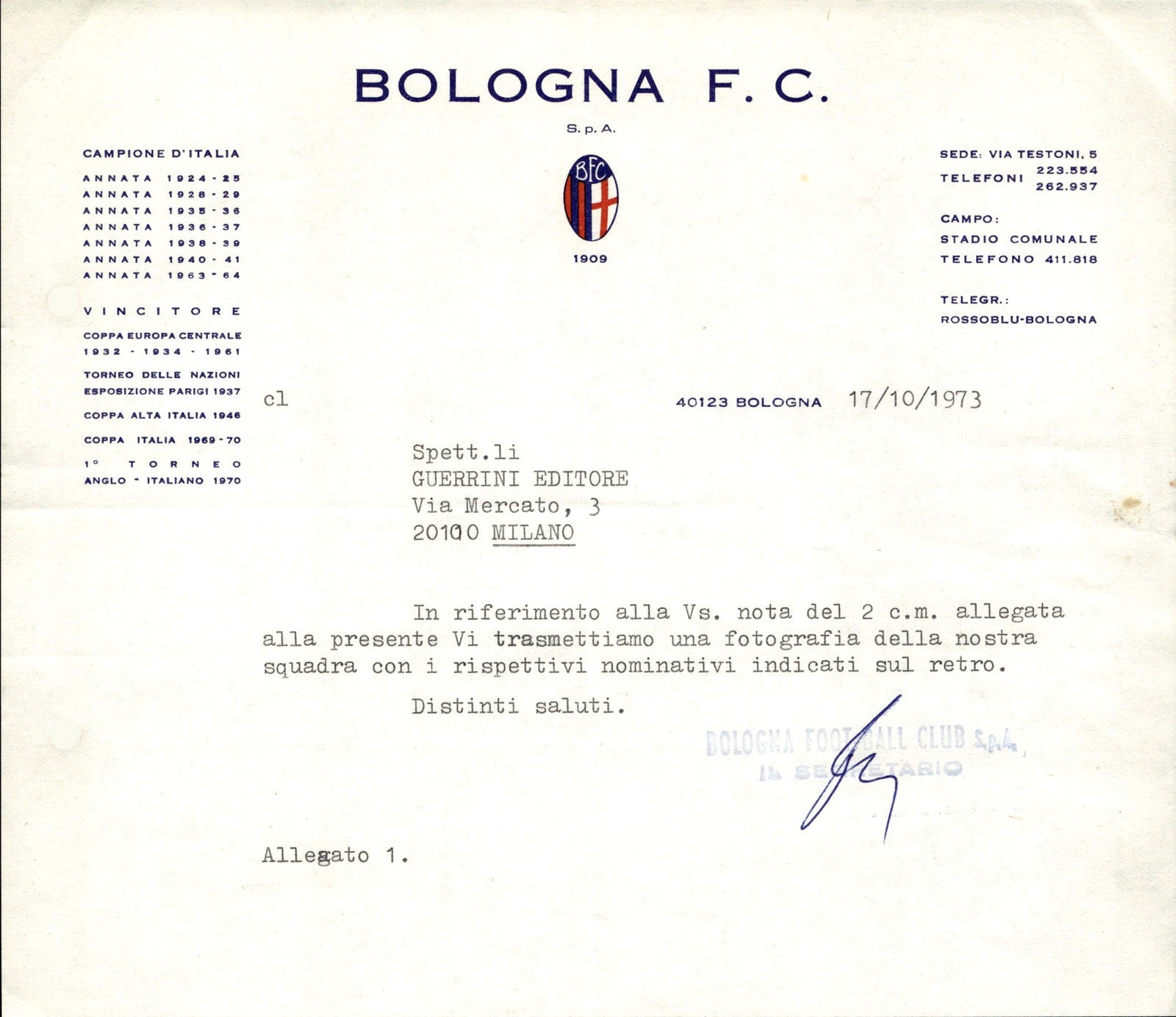 carta intestata societ� sportiva Bologna FC 1973 02