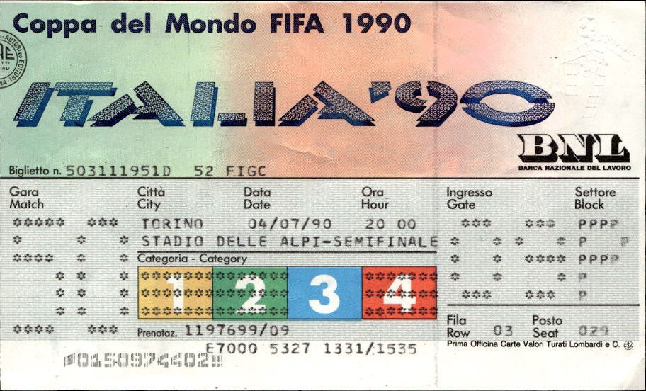 biglietto Ticket Coppa del Mondo Italia '90 semifinale Inghilterra  Germania O.