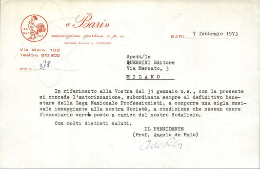 carta intestata societ� sportiva Bari Spa 1973 01