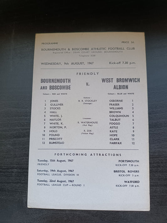 programma calcio Bournemouth V West Bormwich Albion 9th 1967