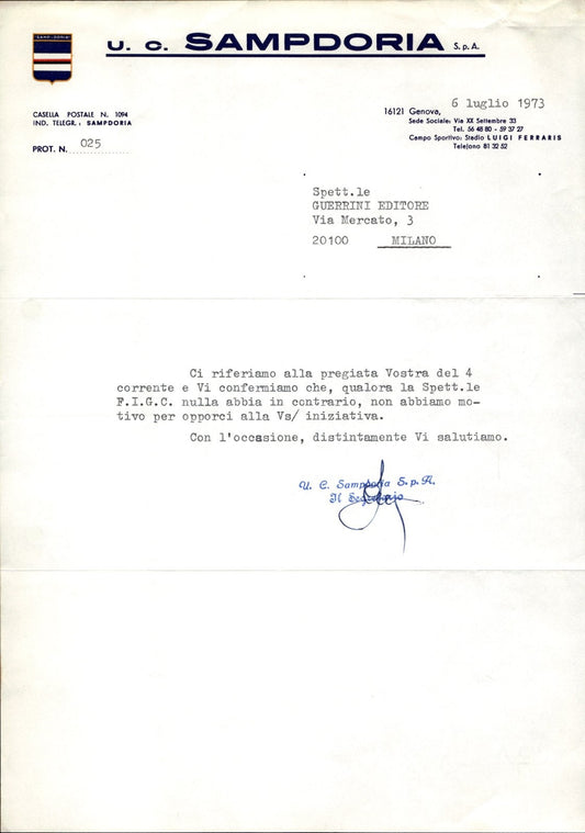 carta intestata societ� sportiva U.C. Sampdoria SPA 1973 03