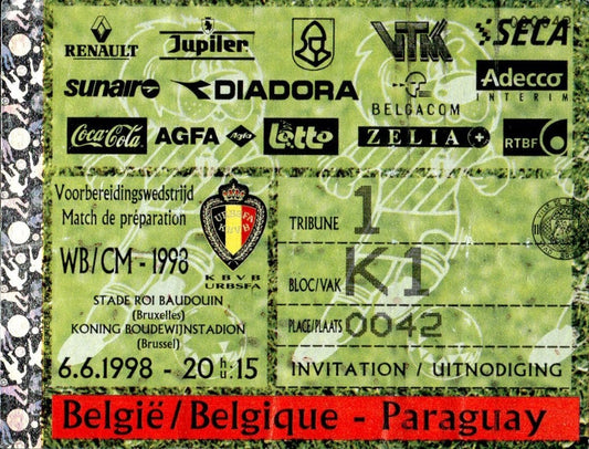 biglietto stadio BELGIE-PARAGUAY 6/6/1998