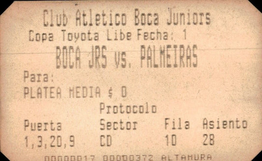 biglietto stadio BOCA JRS VS PALMEIRAS N 372