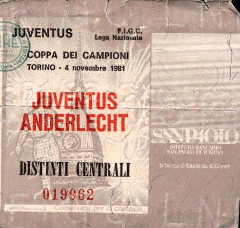 Biglietto stadio Juventus-Anderlecht 04/11/1981 Coppa dei Campioni