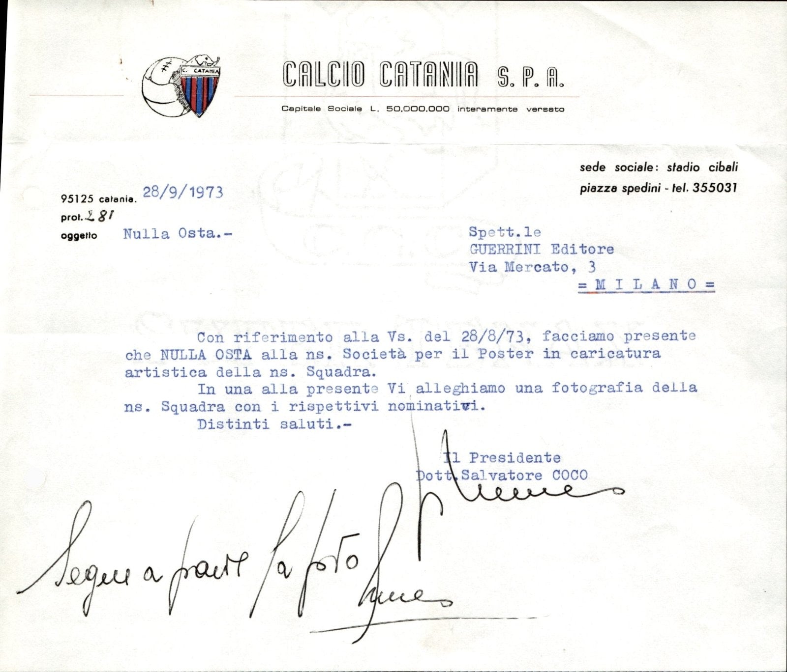 carta intestata societ� sportiva U.S. Catania Spa 1973 03