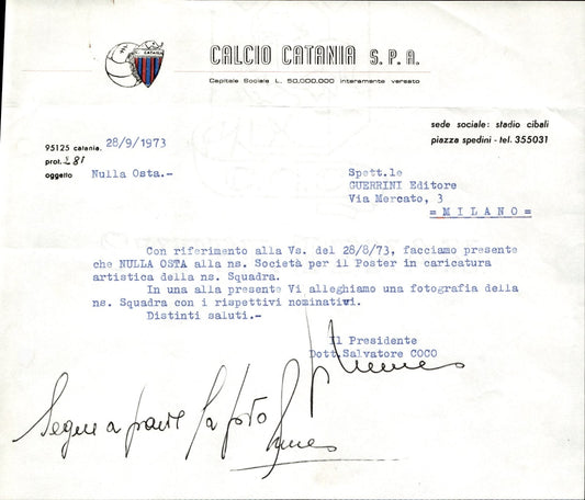 carta intestata societ� sportiva U.S. Catania Spa 1973 03