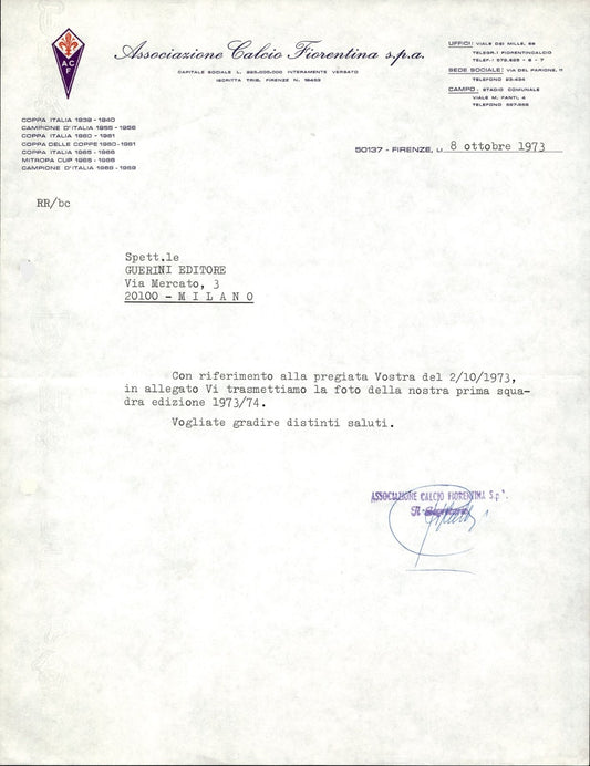 carta intestata societ� sportiva Calcio Fiorentina Spa 1972 03