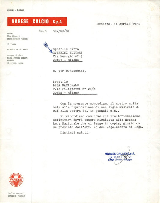 carta intestata societ� sportiva Varese Calcio Spa 1973 02