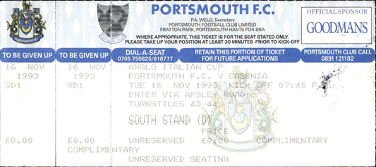 biglietto stadio PORTSMOUTH F.S VS COSENZA 16/11/1993