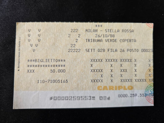 Biglietto Ticket Milan 1-1 Stella Rossa  1988/89   coppa campioni