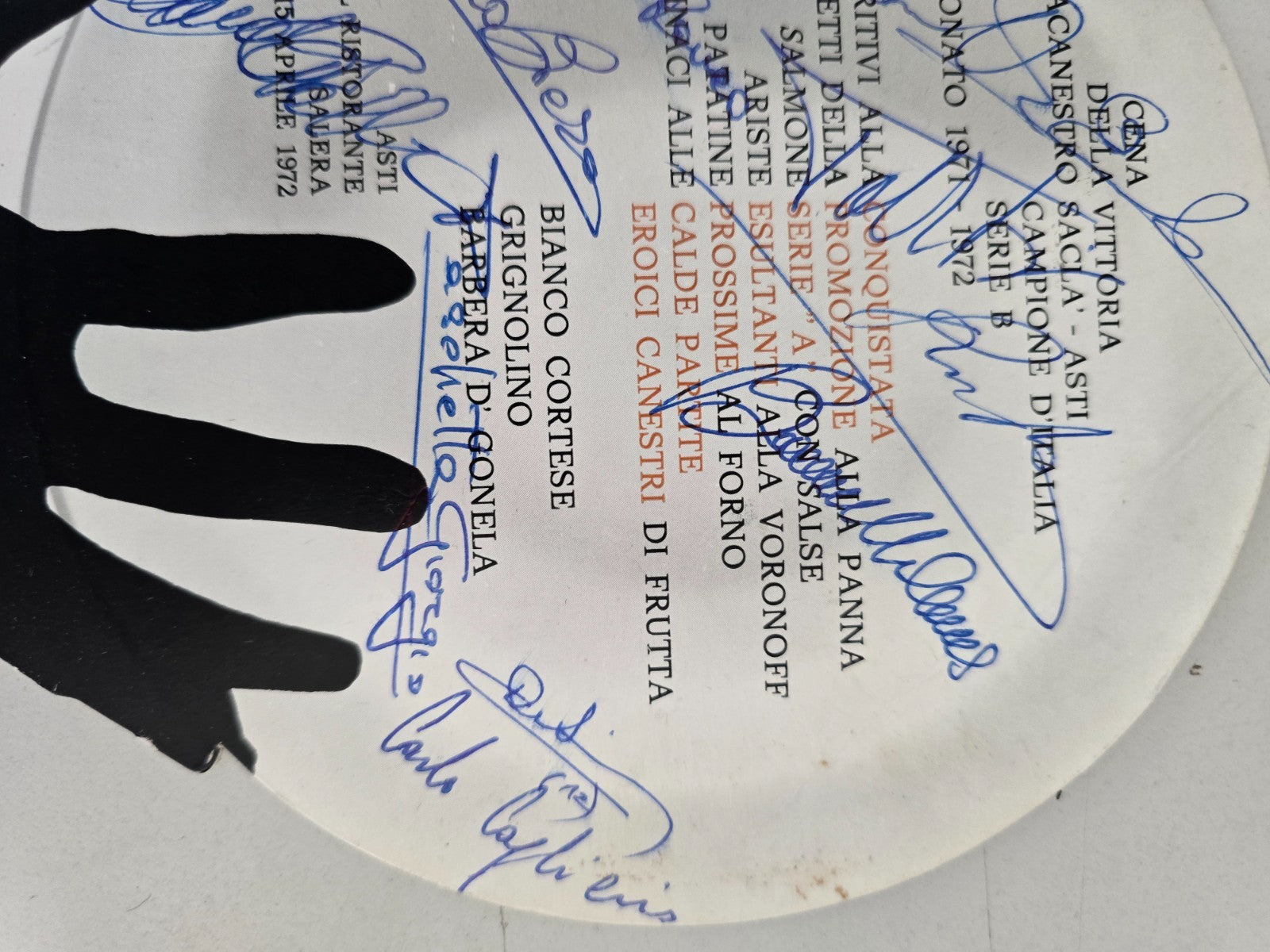 Menu' Cena  vittoria Campionato Serie B SACLA' Asti Basket 1971/72 Autografato