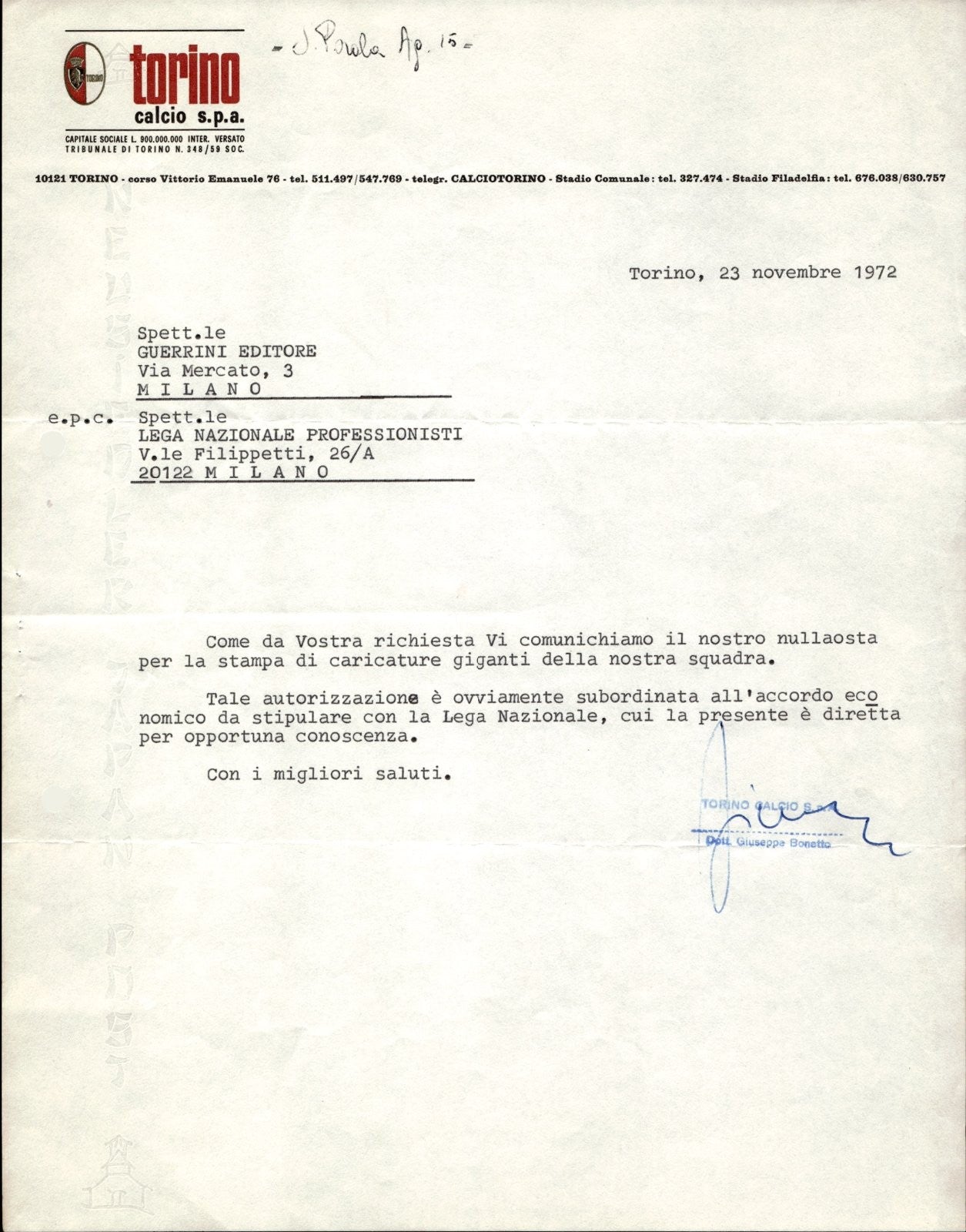 carta intestata societ� sportiva Torino Calcio SPA 1972