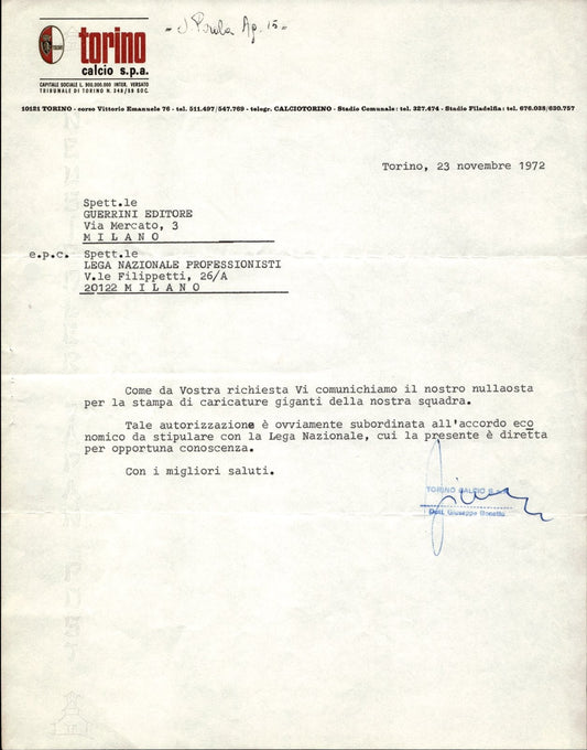 carta intestata societ� sportiva Torino Calcio SPA 1972