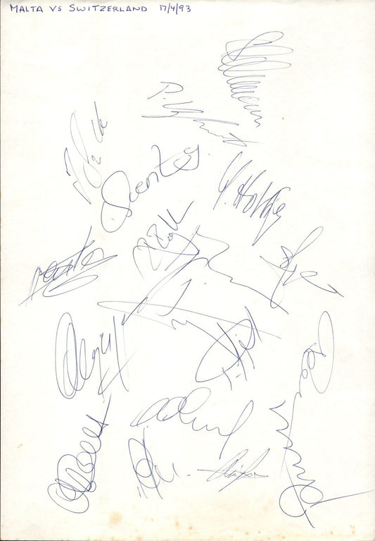 foglio con autografi orginali Malta vs Svizzera 1993