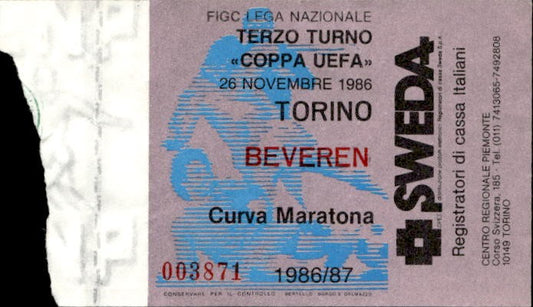 Biglietto stadio Torino-Beveren Coppa Uefa 1986-87 26/11/1986