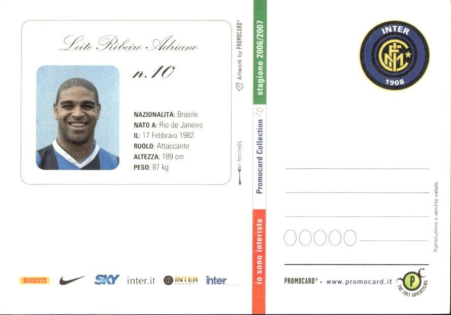 Cartolina calciatore Inter Adriano Leite Ribeiro con autografo stampato