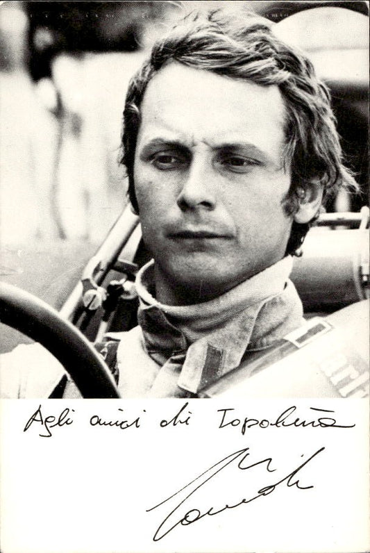 Cartolina Formula 1 Niki Lauda con autografo stampato per Topolino