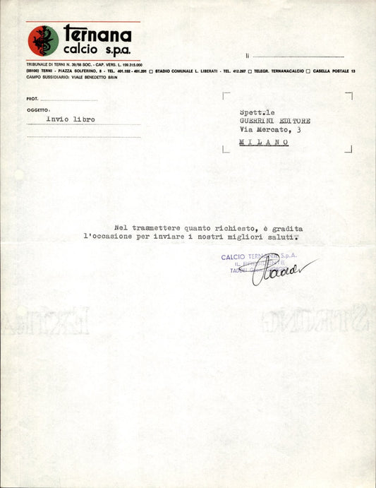 carta intestata societ� sportiva Calcio Ternana spa