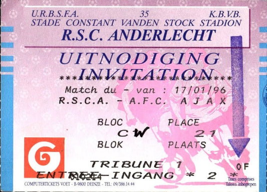 biglietto stadio Anderlecht vs Ajax 1996