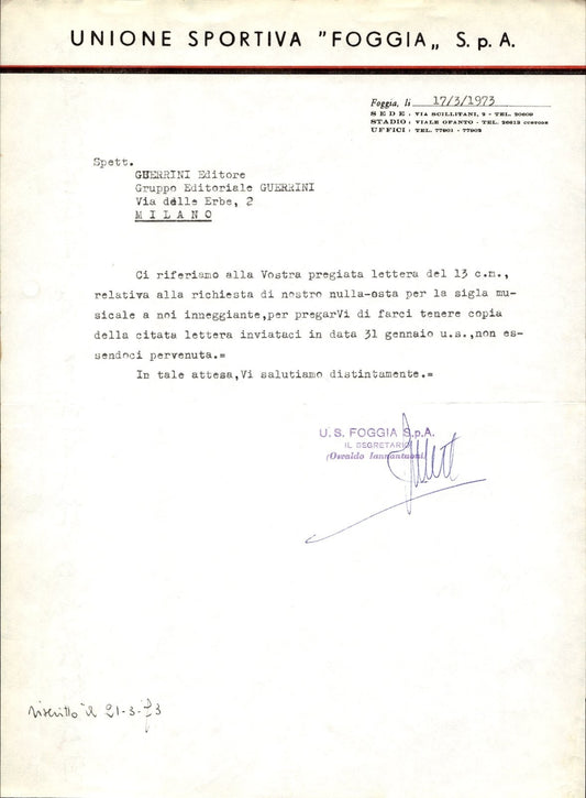 carta intestata societ� sportiva Foggia Spa 1973 02