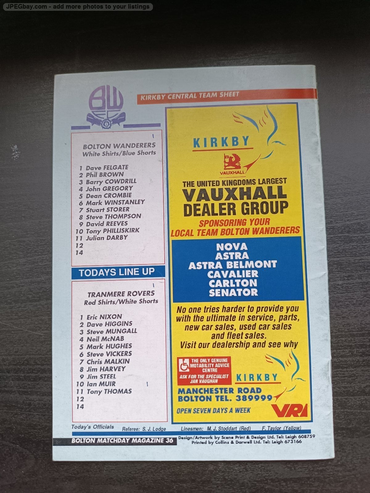 programma calcio Bolton Wanderers V Tranmere Rovers 14th 1990