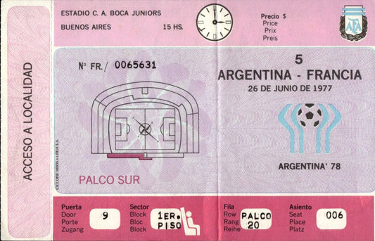 biglietto stadio ARGENTINA-FRANCIA 26 GIUGNO 1977