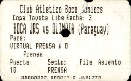 biglietto stadio BOCA JRS VS OLIMPIA (PARAGUAY)