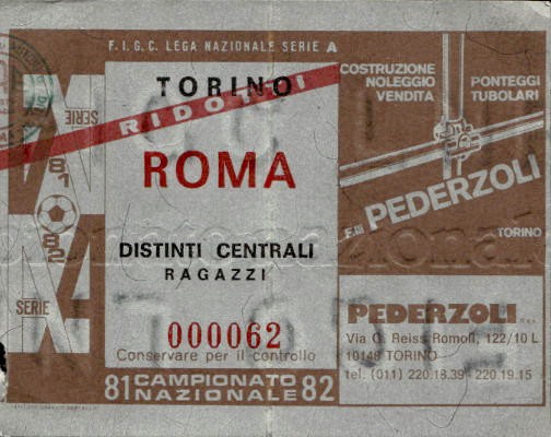 Biglietto stadio Torino-Roma Campionato Nazionale 81-82