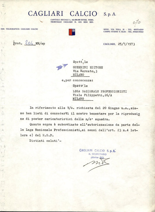 carta intestata societ� sportiva Cagliari Calcio Spa 1973 03