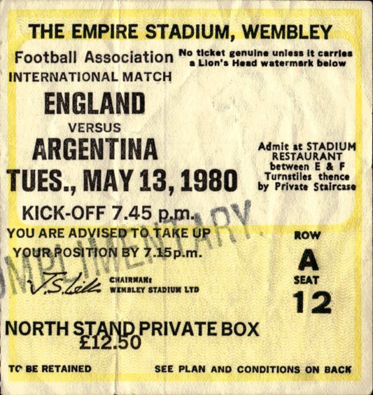 biglietto stadio ENGLAND VS ARGENTINA 13/05/1980