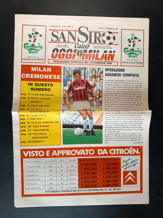 rivista SANSIRO calcio n 22 - 1990 - Programma Milan Cremonese