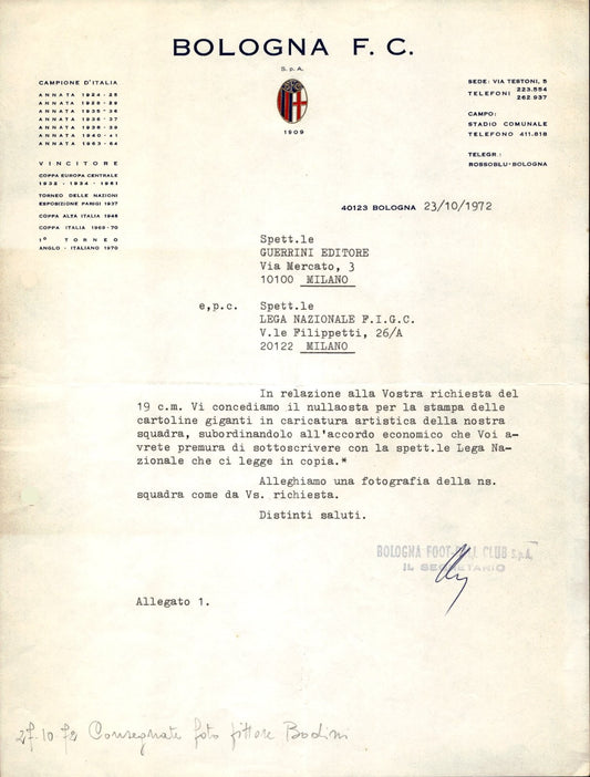 carta intestata societ� sportiva Bologna FC 1972