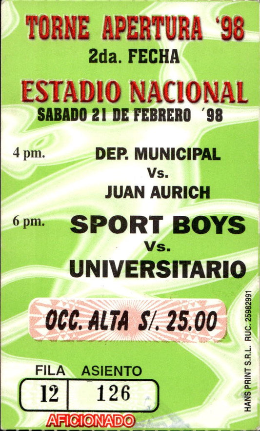 biglietto stadio DEP. VS JUAN AURICH - SPORT BOYS VS UNIVERSITARIO 21/02/1998