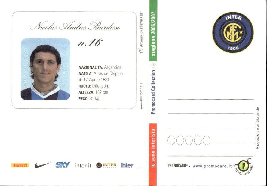 Cartolina calciatore Inter Nicol�s Andr�s Burdisso con autografo stampato