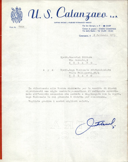 carta intestata societ� sportiva U.S. Catanzaro 1973 03
