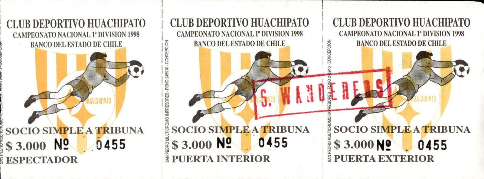 biglietto stadio CAMPEONATO NACIONAL 1 DIVISION 1998 DE CHILE N 455