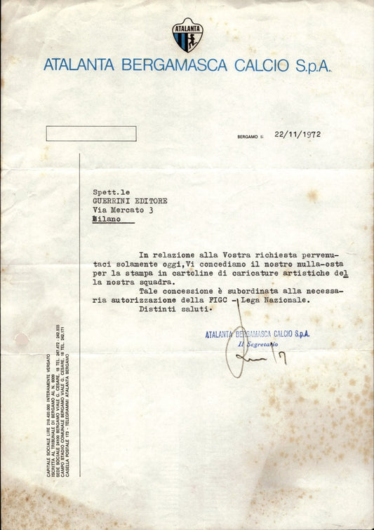 carta intestata societ� sportiva Atalanta Bergamasca Calcio Spa 1972