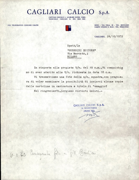 carta intestata societ� sportiva Cagliari Calcio Spa 1973 05