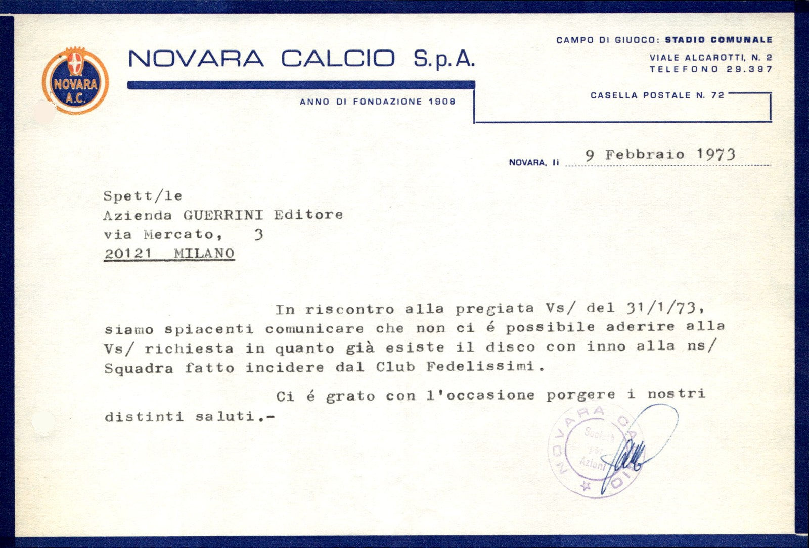 carta intestata societ� sportiva Novara Calcio SpA 1973