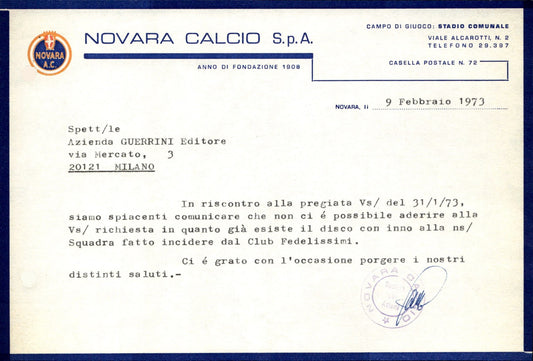 carta intestata societ� sportiva Novara Calcio SpA 1973