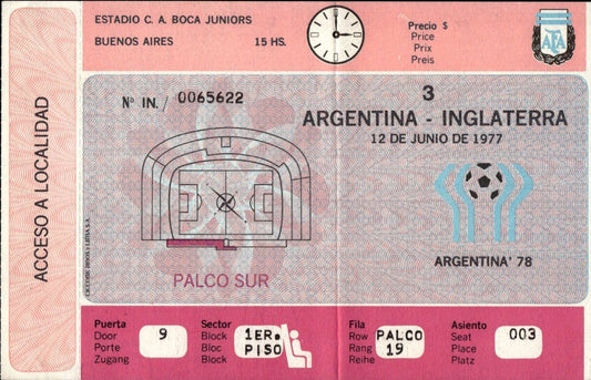 biglietto stadio ARGENTINA-INGLATERRA 12 GIUGNO 1977