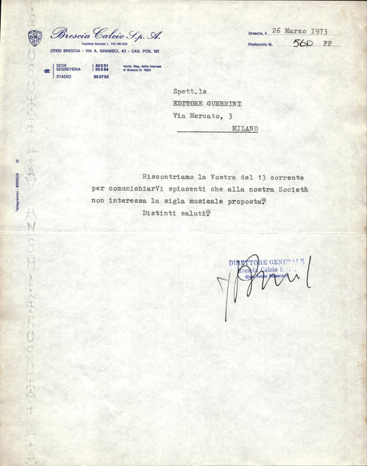 carta intestata societ� sportiva Brescia Calcio Spa 1973