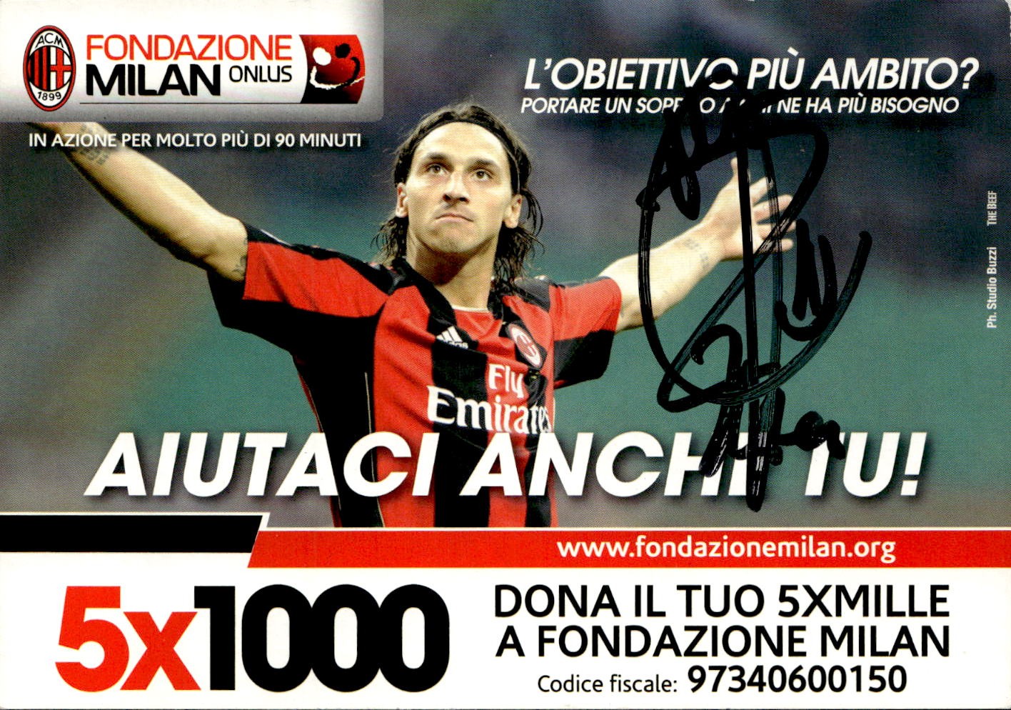 cartolina postcard Calcio Milan con Autografo Fondazione Onlus Ibrahimovic