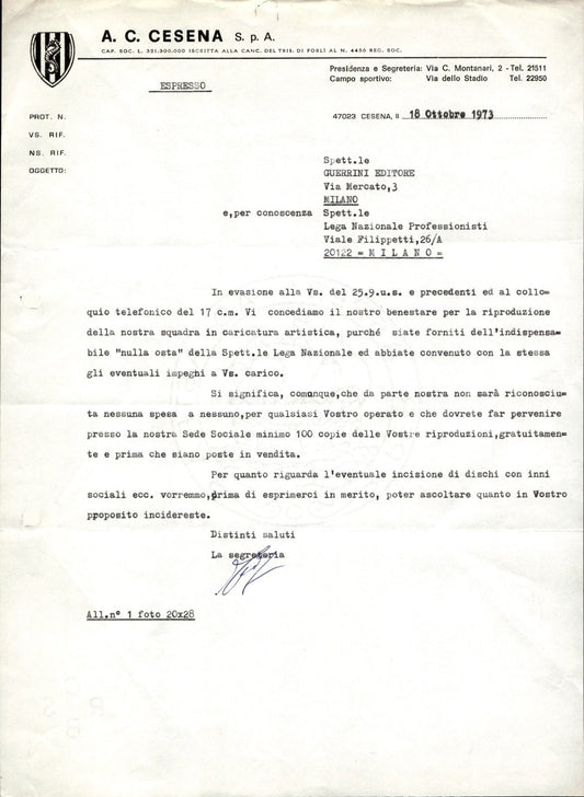 carta intestata societ� sportiva AC Cesena Spa 1973 01