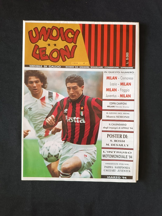 rivista con poster UNIDICI LEONI ed Rossonera - n 1 1994 Maldini (100x70 cm)