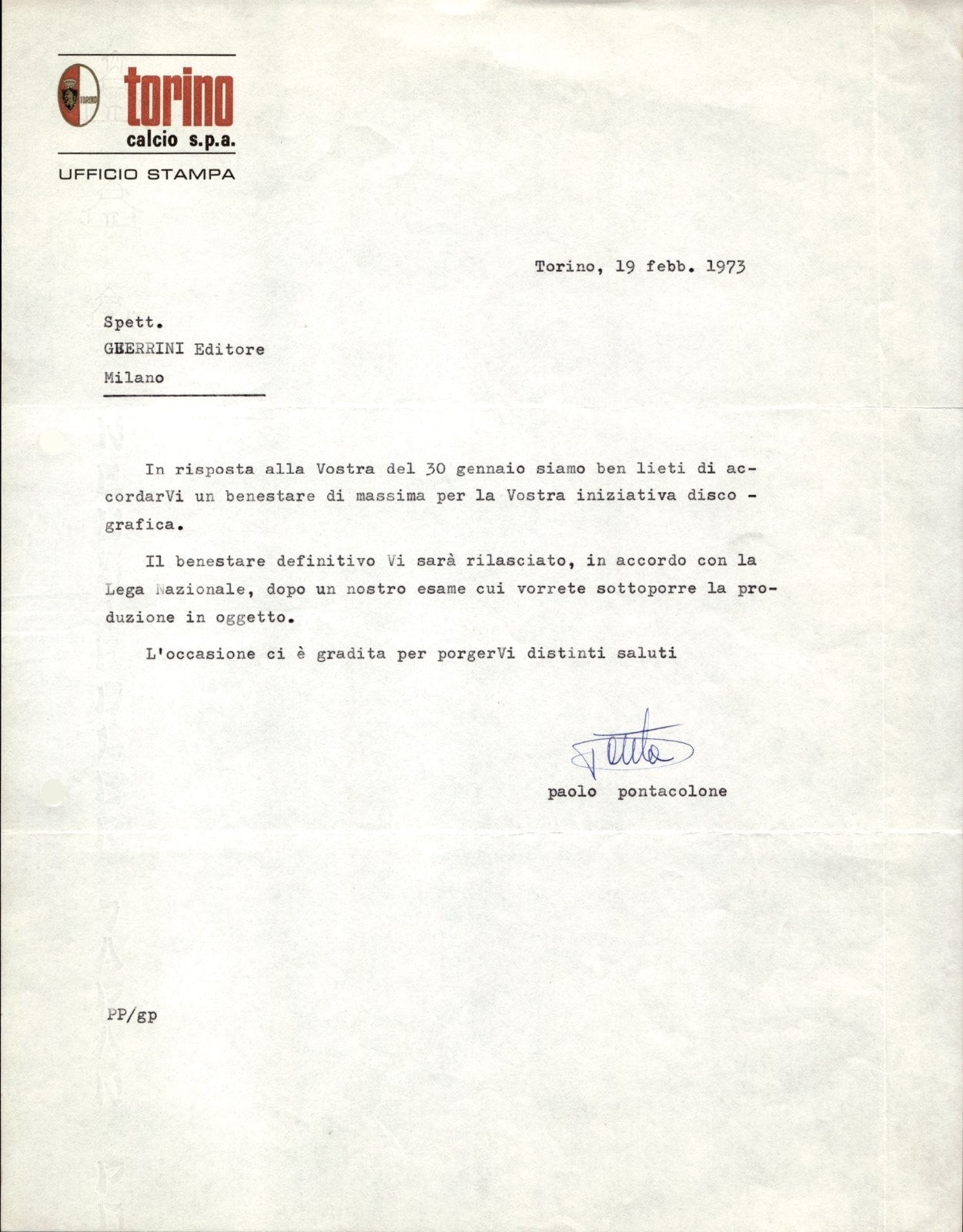 carta intestata societ� sportiva Torino Calcio SPA 1973