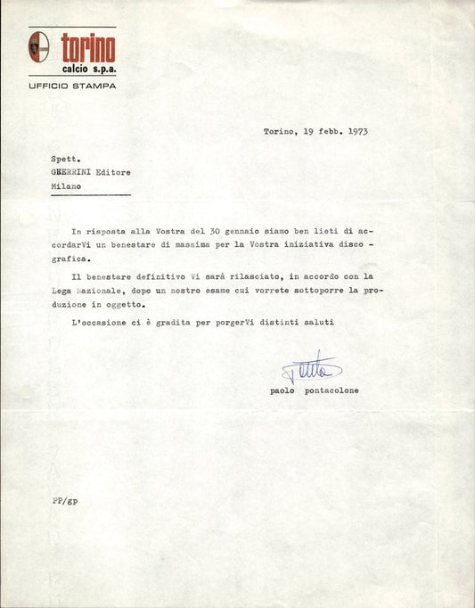 carta intestata societ� sportiva Torino Calcio SPA 1973