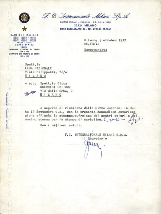 carta intestata societ� sportiva Internazionale Milano Spa 1972