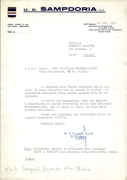 carta intestata societ� sportiva U.C. Sampdoria SPA 1972