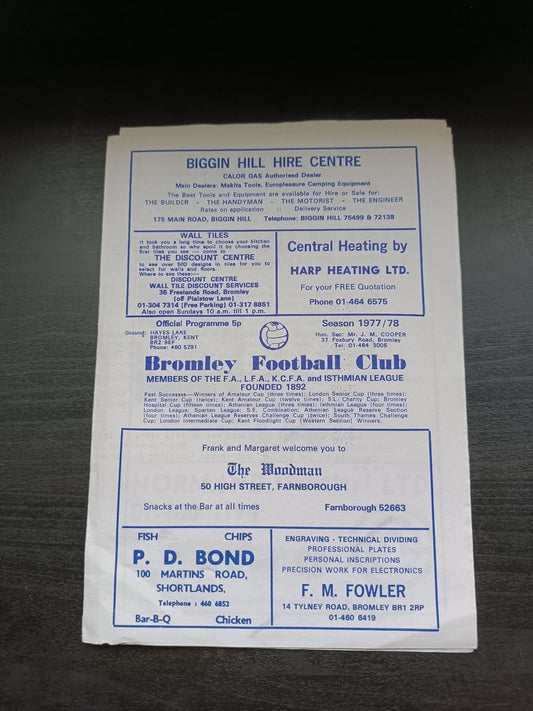 programma calcio Bromley Football Club season 1977/78